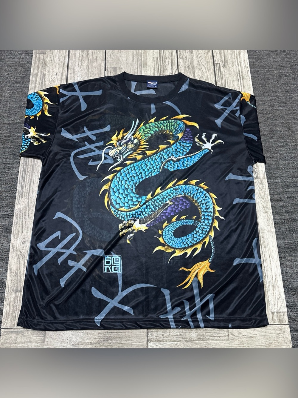 VTG Y2K Bignd Dragon Aop Asian Lettering Graphic Tee XL Black Grunge Korea Made